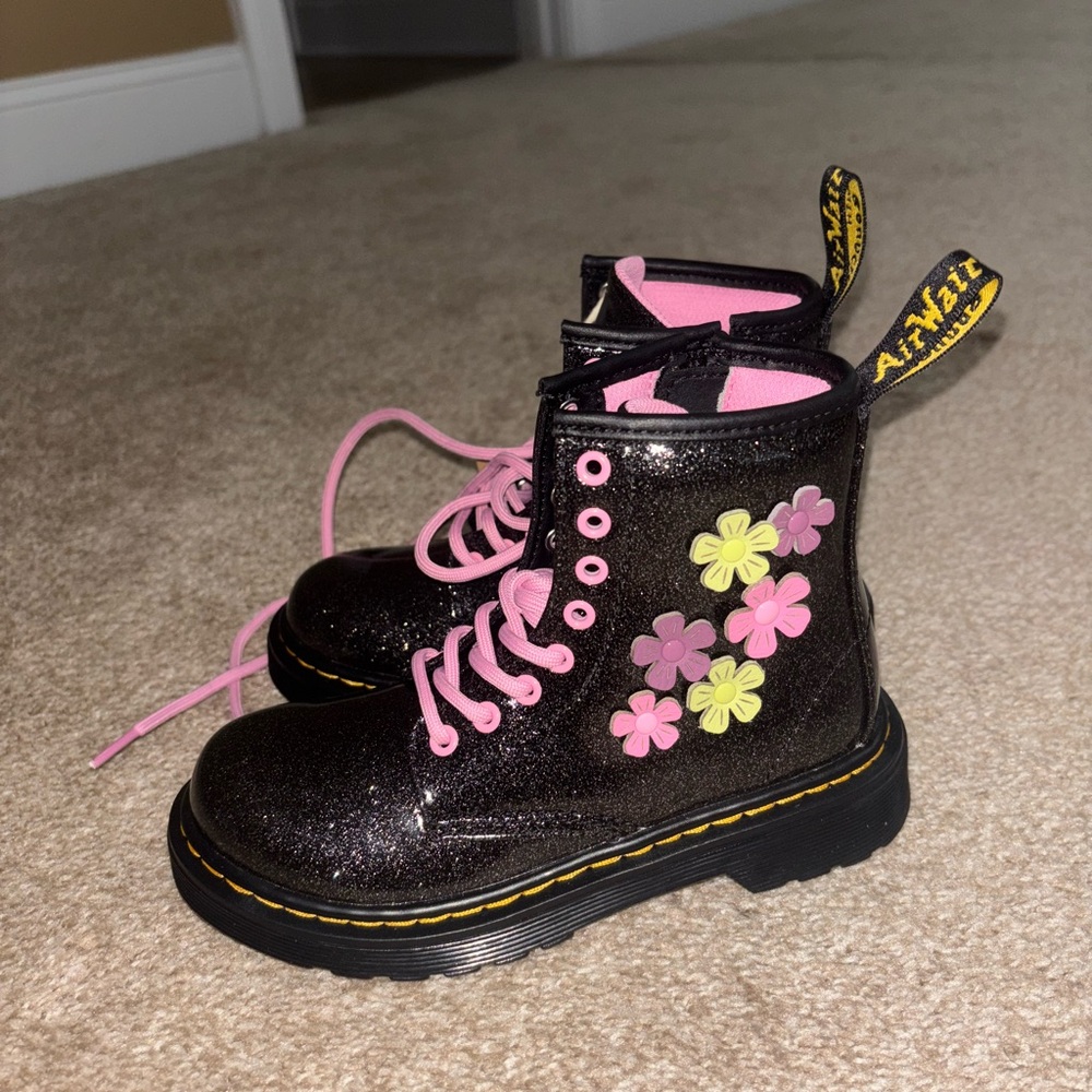 Dr. Martens Glitter Boots with Pink and Yellow Floral Accents
